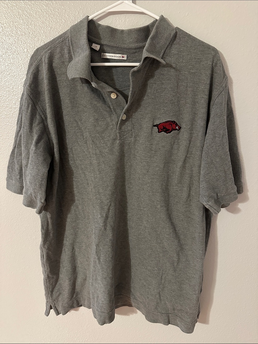 Cutter & Buck Heather Gray Polo with Red Embroidered Ar Razorback logo